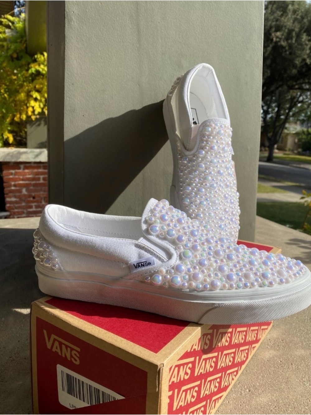 Vans Women’s White Slip-On Sneakers with Iridescent Pearl Studs